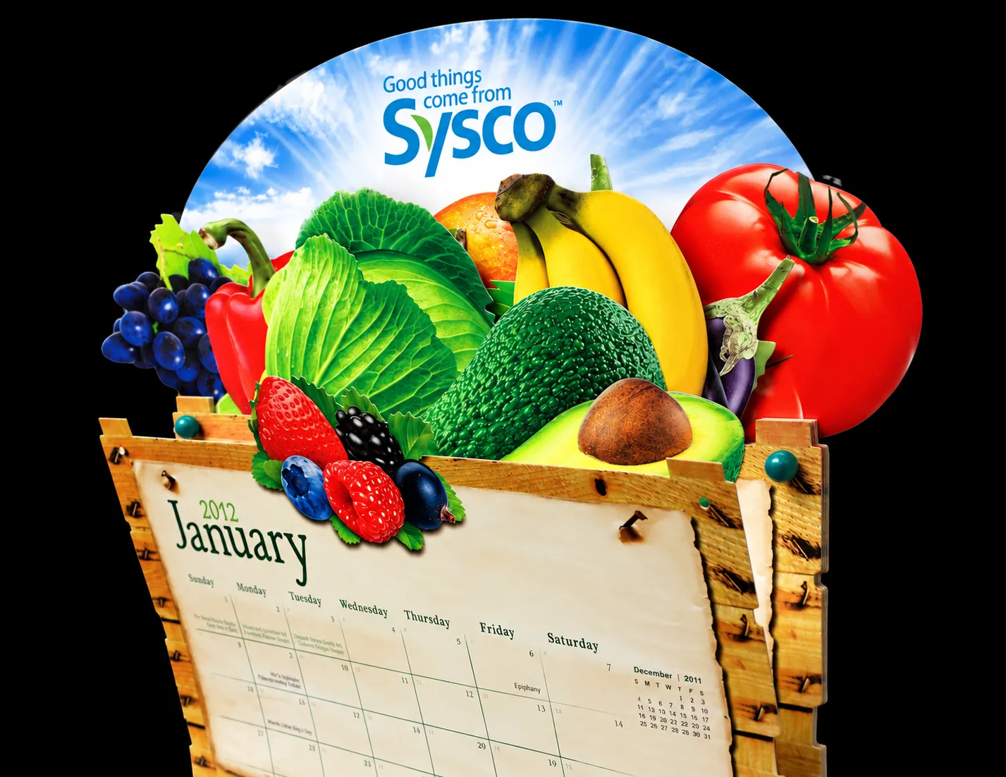 Sysco calendar shaped as a wooden crate overflowing with produce