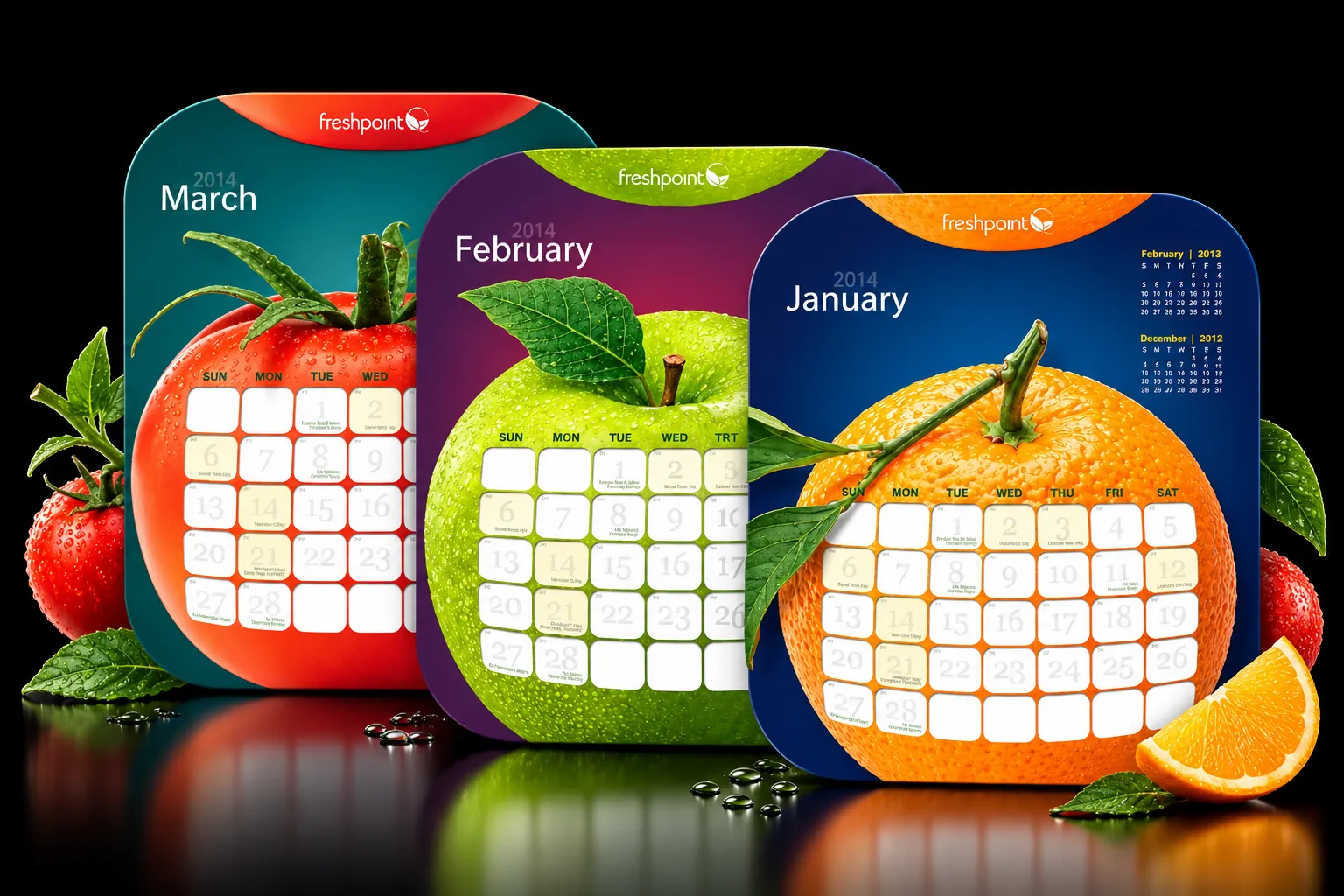 FreshPoint die-cut calendars shaped as a tomato, an apple and an orange