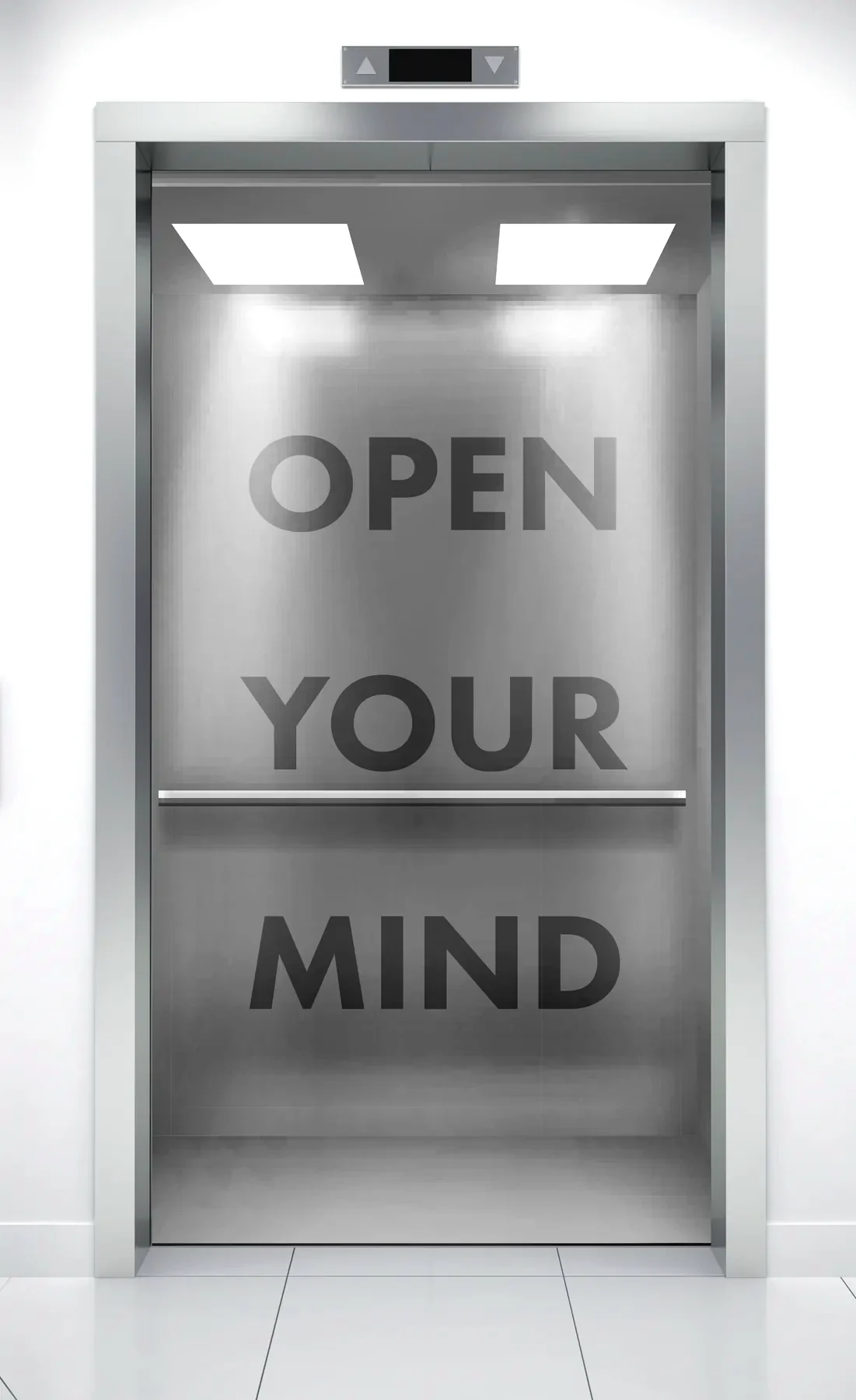 Elevator with doors wrapped in Pero Family Farms produce graphics; inside, the message Open Your Mind