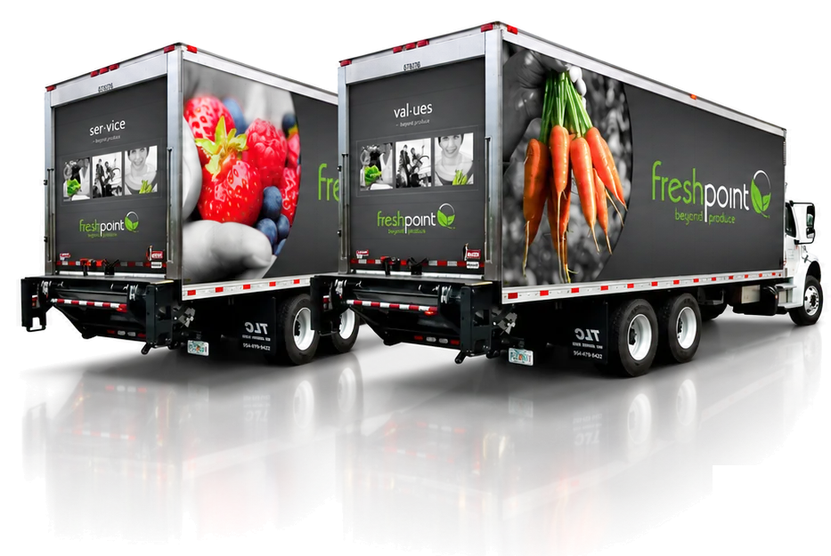 Two FreshPoint trucks wrapped with service and values produce graphics