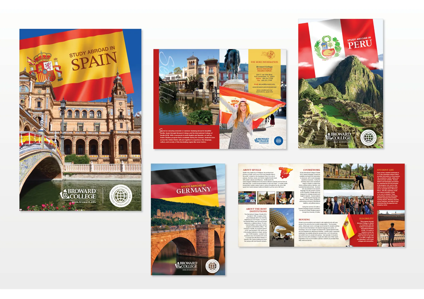 Study-abroad brochure series for Spain, Peru and Germany