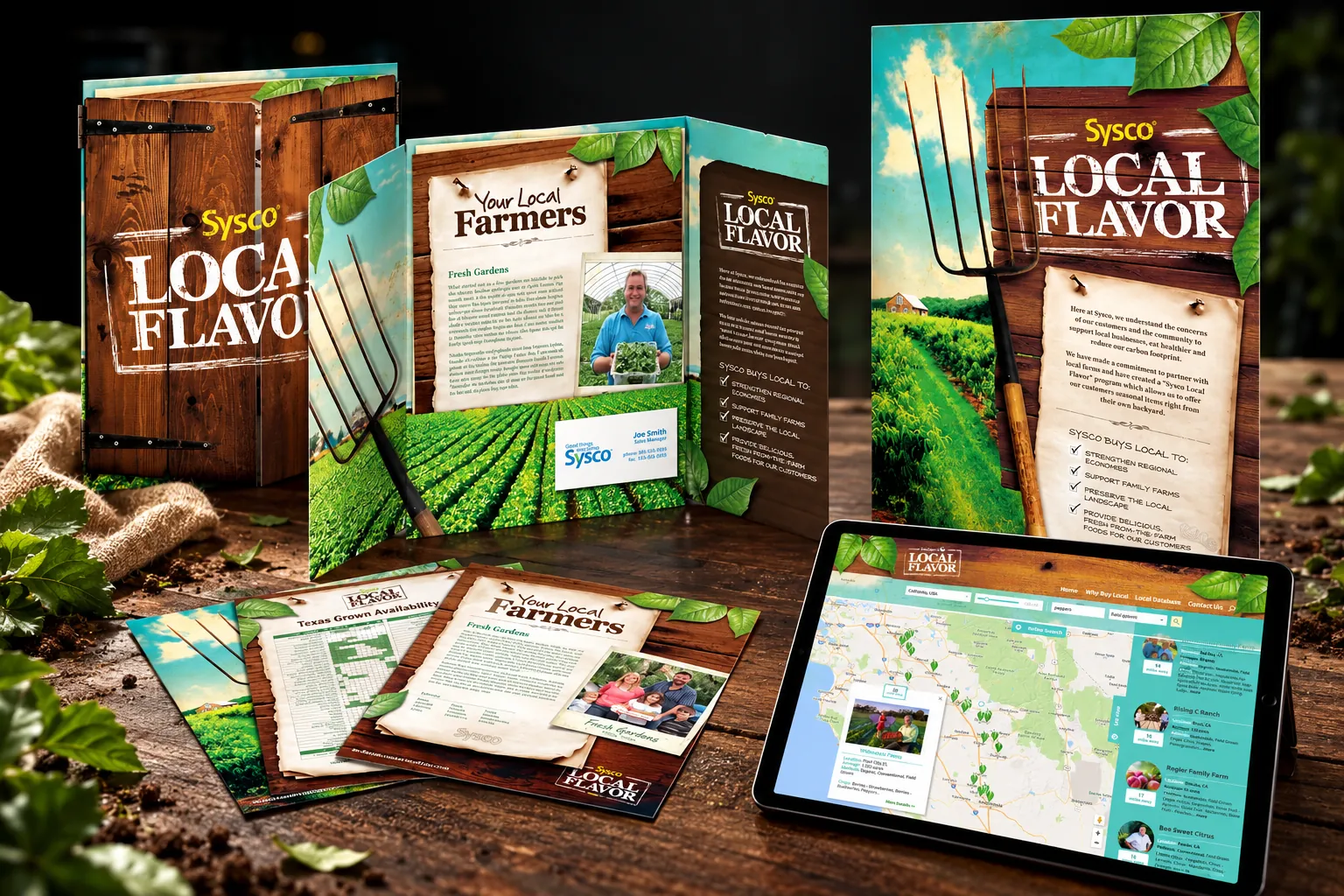 Sysco Local Flavor campaign: presentation folder, farmer profiles, poster and grower map on a tablet