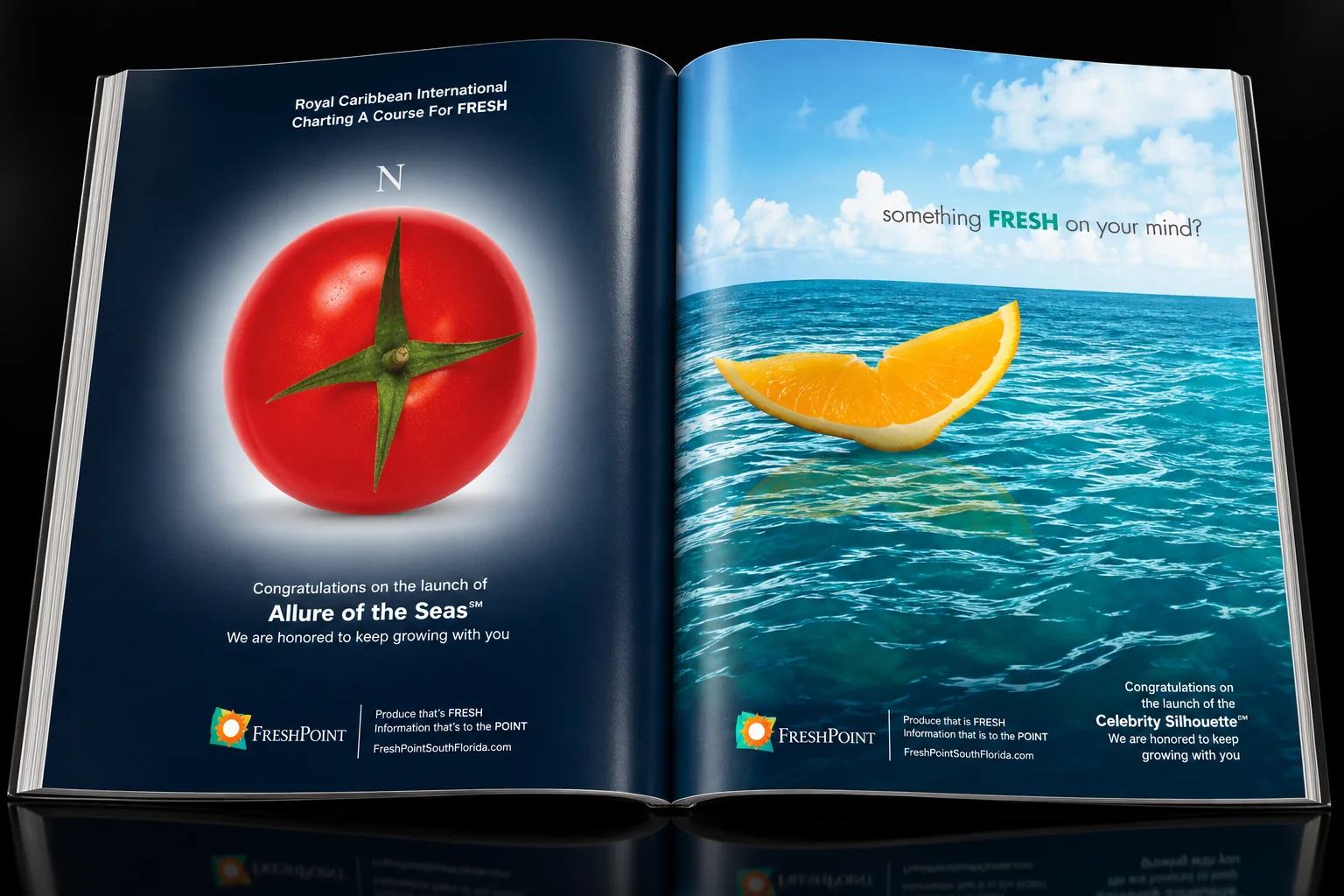 Magazine spread: FreshPoint ads for Royal Caribbean’s Allure of the Seas and Celebrity Silhouette