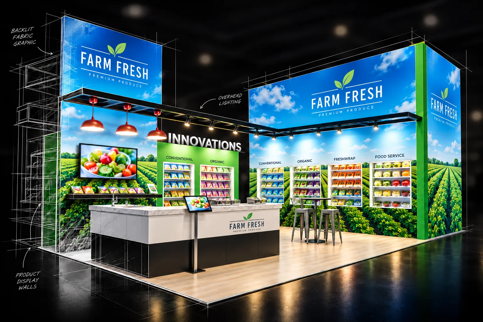 Farm Fresh trade show booth concept with produce graphics, an innovations wall and a branded counter